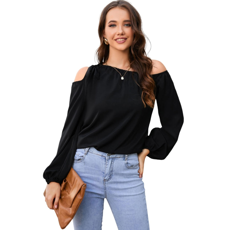 Tied Asymmetrical Neck Cold-Shoulder Blouse