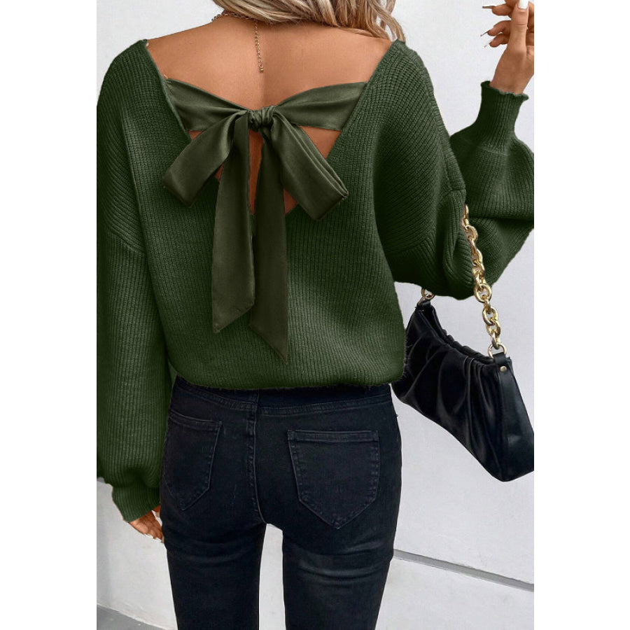 Tied Back V-Neck Long Sleeve Sweater Apparel and Accessories