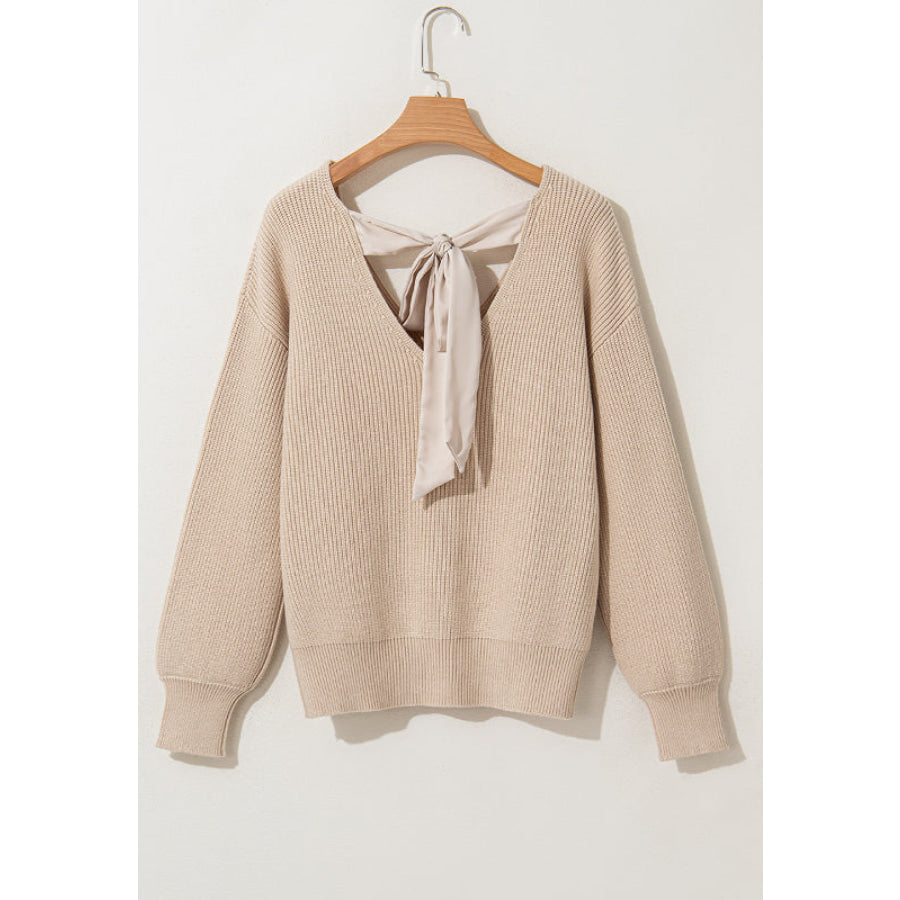 Tied Back V-Neck Long Sleeve Sweater Apparel and Accessories