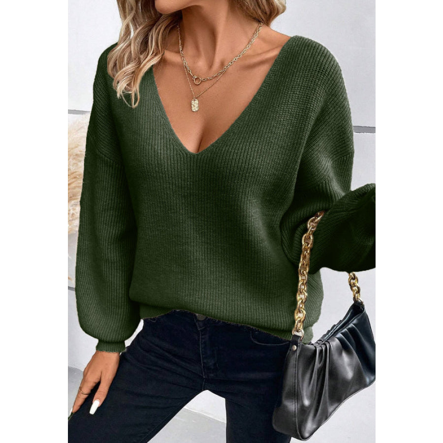 Tied Back V-Neck Long Sleeve Sweater Apparel and Accessories