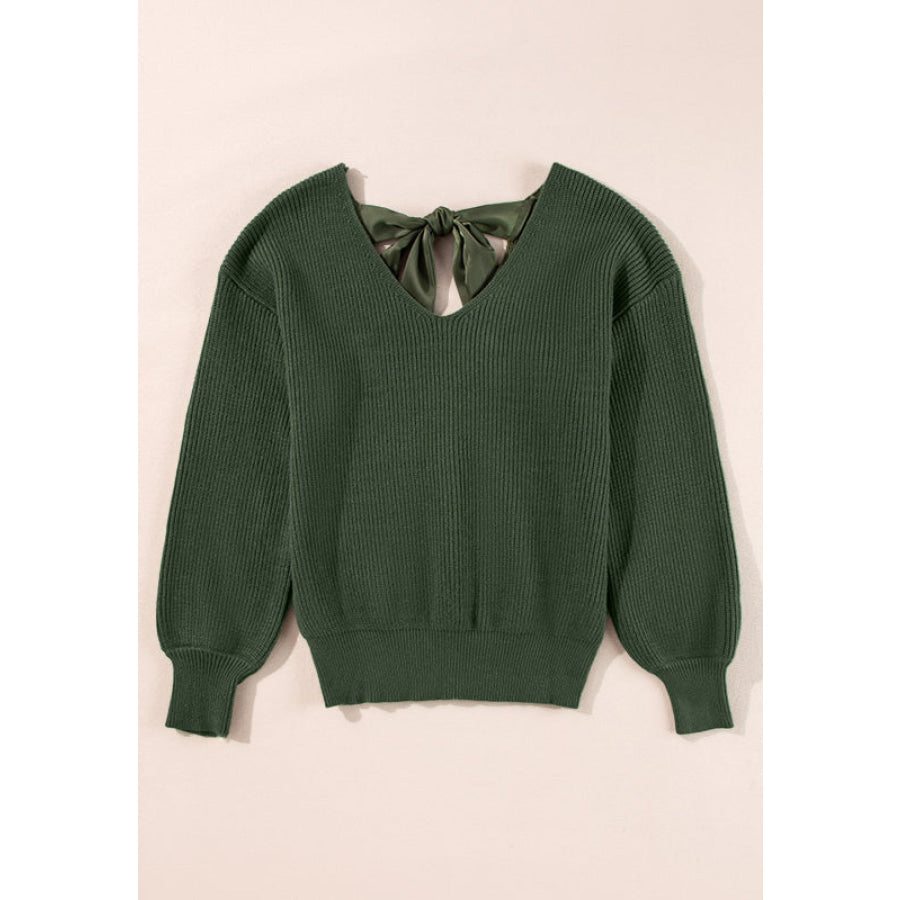 Tied Back V-Neck Long Sleeve Sweater Apparel and Accessories