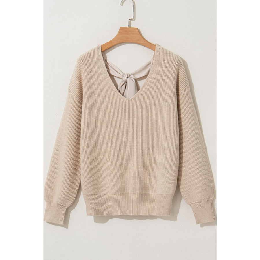 Tied Back V-Neck Long Sleeve Sweater Apparel and Accessories