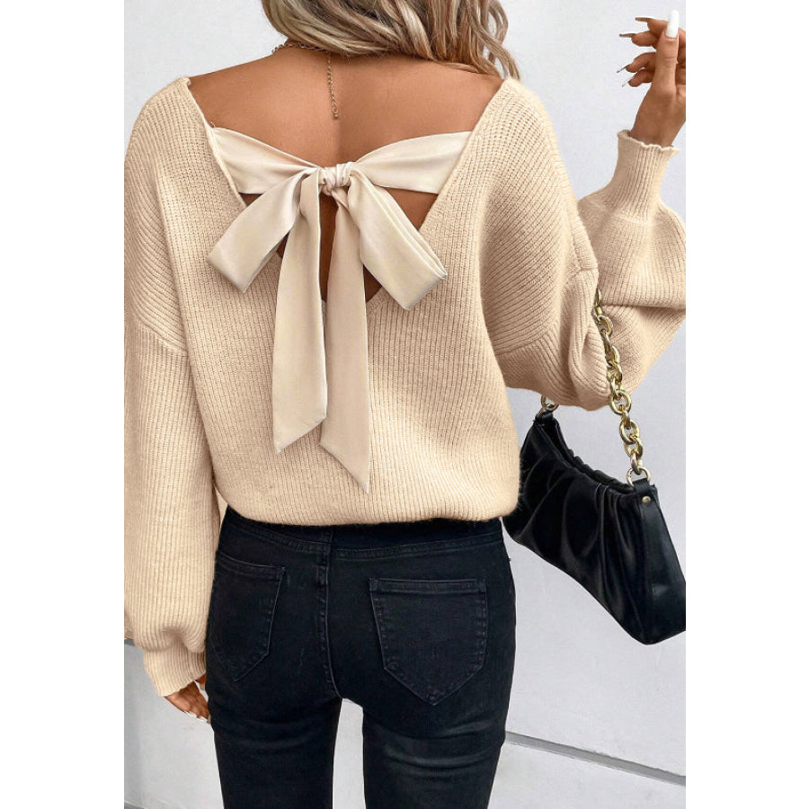 Tied Back V-Neck Long Sleeve Sweater Beige / S Apparel and Accessories