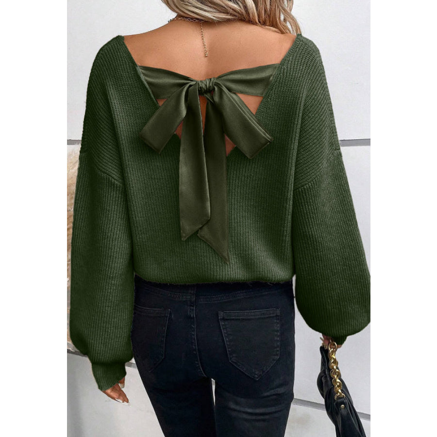 Tied Back V-Neck Long Sleeve Sweater Dark Green / S Apparel and Accessories