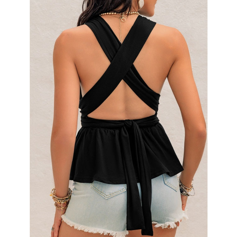 Tied Backless Peplum Top Black / S Apparel and Accessories