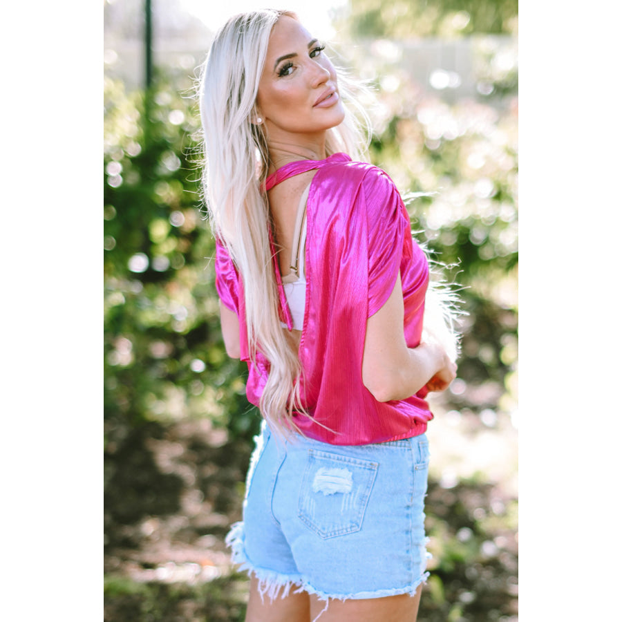 Tied Backless Round Neck Cap Sleeve Blouse Hot Pink / S Apparel and Accessories