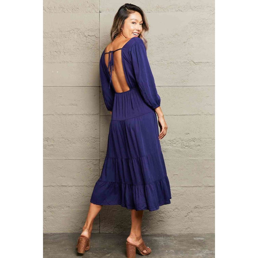 Tied Backless Tiered Midi Dress Navy / S