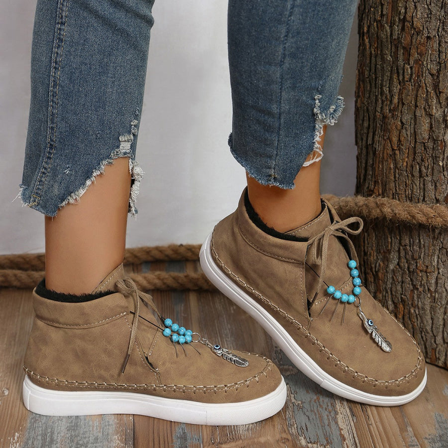 Tied Bead Trim Platform Sneakers Taupe / 36(US5) Apparel and Accessories