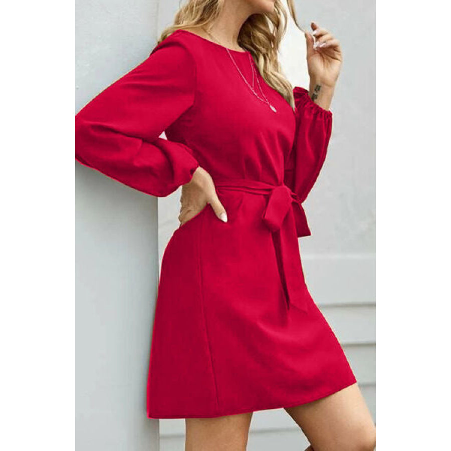 Tied Boat Neck Balloon Sleeve Mini Dress Apparel and Accessories