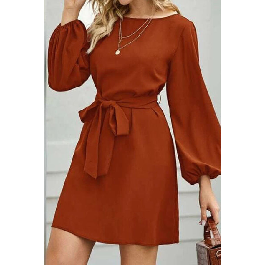 Tied Boat Neck Balloon Sleeve Mini Dress Apparel and Accessories