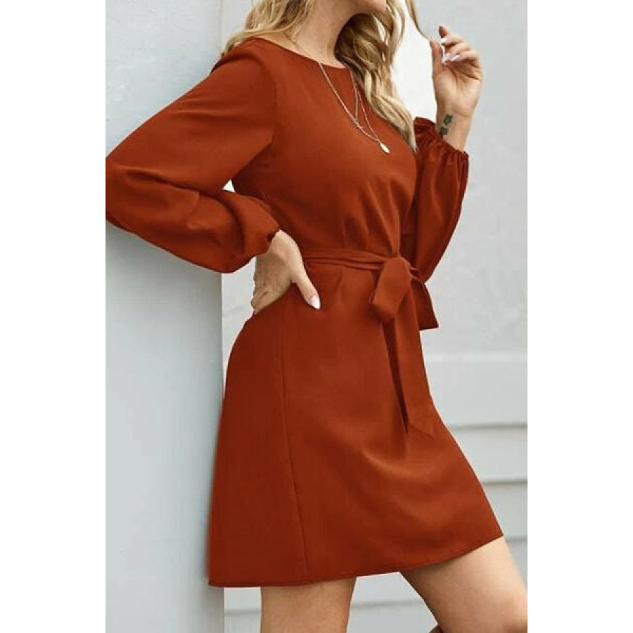 Tied Boat Neck Balloon Sleeve Mini Dress Apparel and Accessories