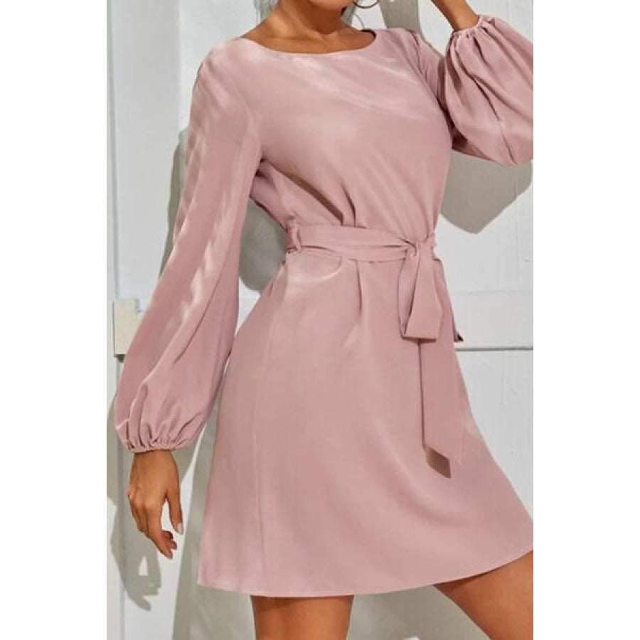 Tied Boat Neck Balloon Sleeve Mini Dress Apparel and Accessories