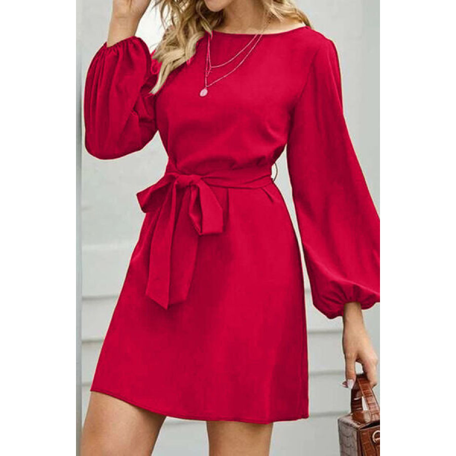 Tied Boat Neck Balloon Sleeve Mini Dress Apparel and Accessories