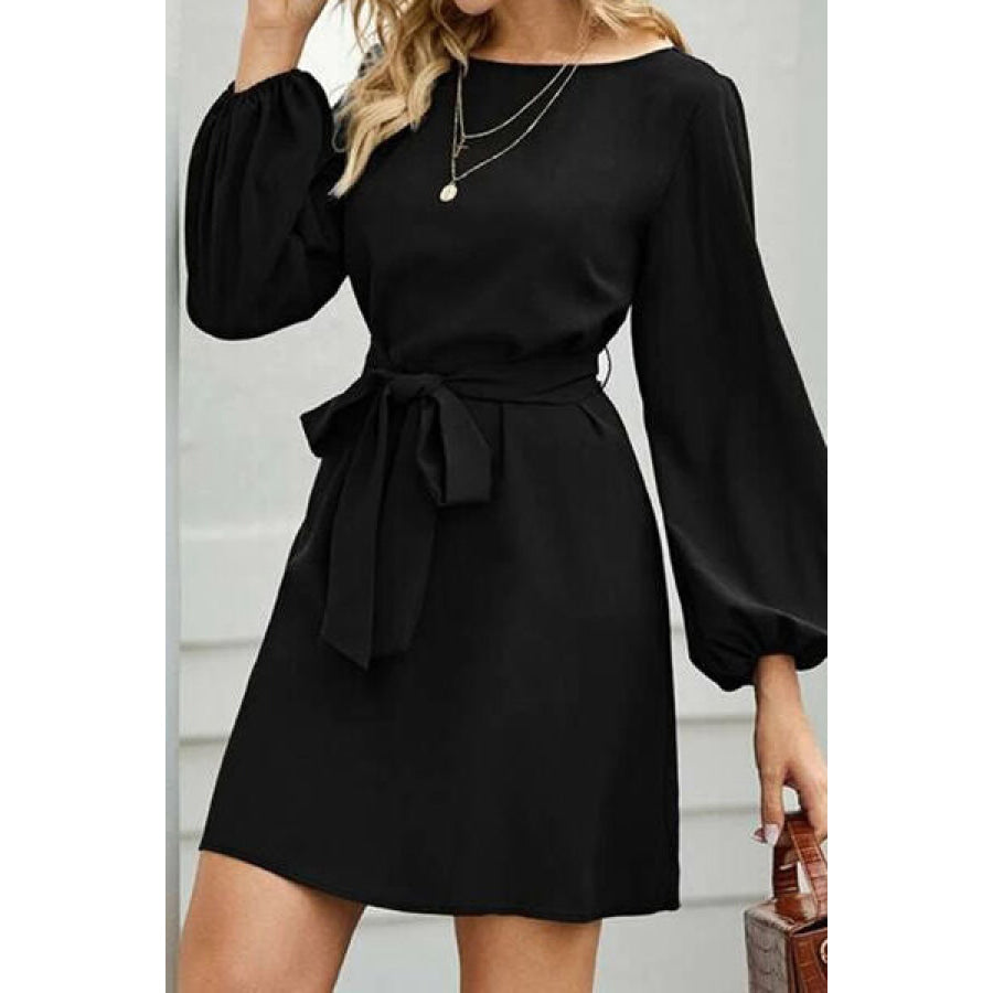 Tied Boat Neck Balloon Sleeve Mini Dress Apparel and Accessories