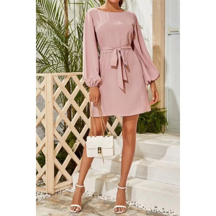 Tied Boat Neck Balloon Sleeve Mini Dress Apparel and Accessories