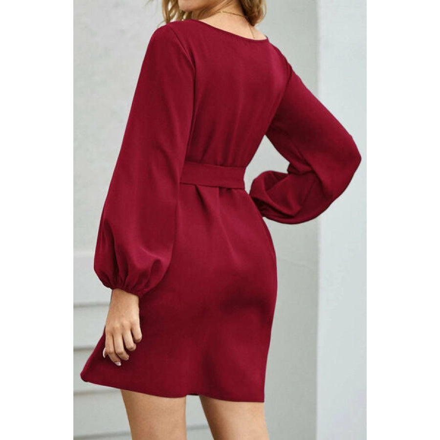 Tied Boat Neck Balloon Sleeve Mini Dress Apparel and Accessories