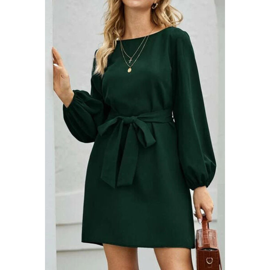 Tied Boat Neck Balloon Sleeve Mini Dress Apparel and Accessories