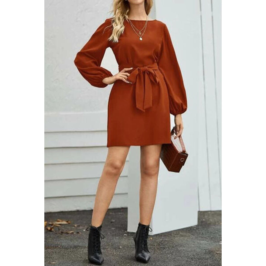 Tied Boat Neck Balloon Sleeve Mini Dress Apparel and Accessories