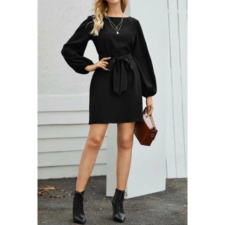 Tied Boat Neck Balloon Sleeve Mini Dress Apparel and Accessories