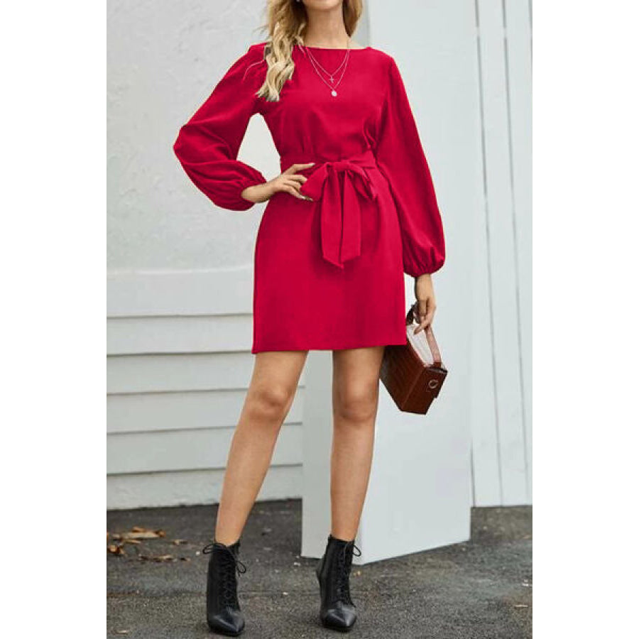 Tied Boat Neck Balloon Sleeve Mini Dress Apparel and Accessories