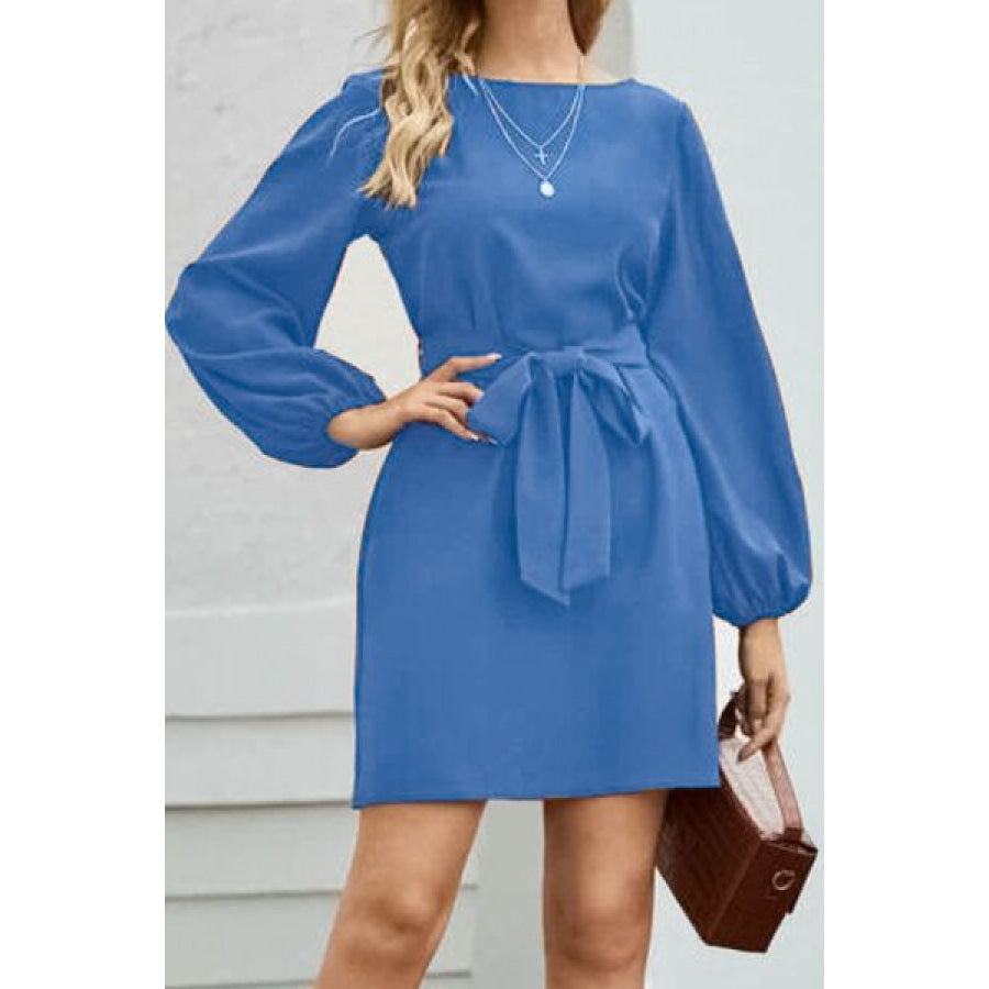 Tied Boat Neck Balloon Sleeve Mini Dress Apparel and Accessories