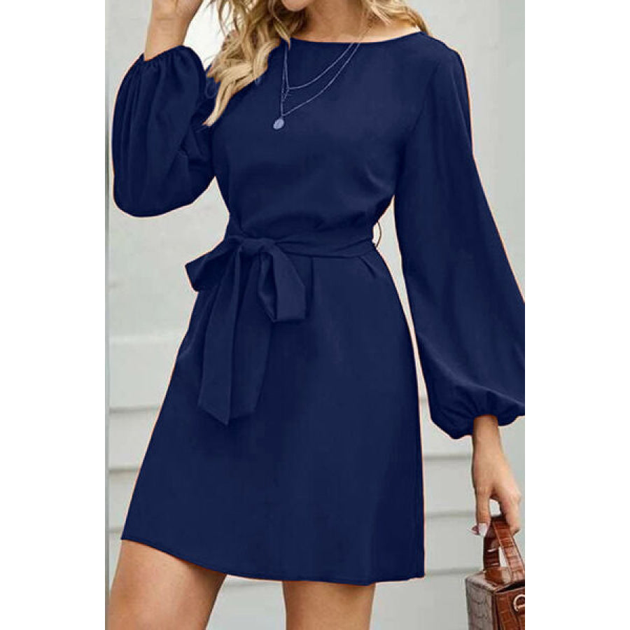 Tied Boat Neck Balloon Sleeve Mini Dress Apparel and Accessories