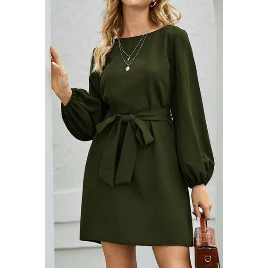 Tied Boat Neck Balloon Sleeve Mini Dress Army Green / XS Apparel and Accessories