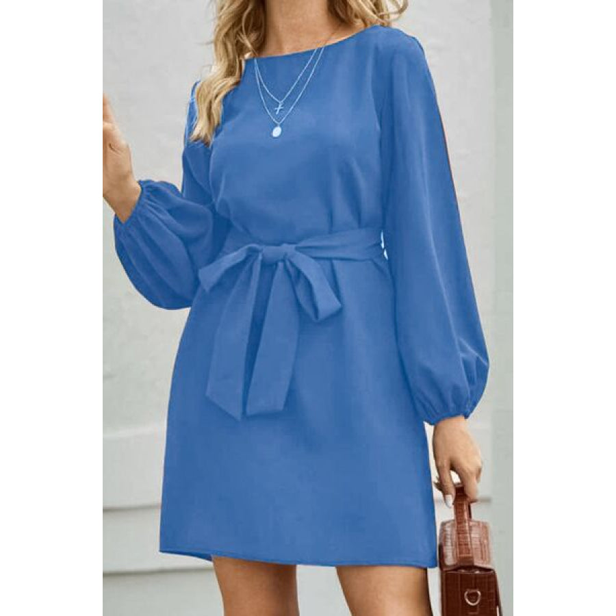 Tied Boat Neck Balloon Sleeve Mini Dress Azure / XS Apparel and Accessories