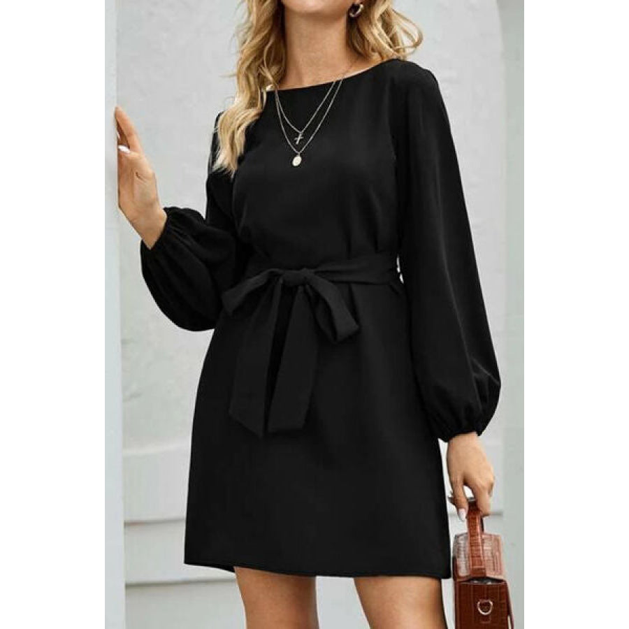 Tied Boat Neck Balloon Sleeve Mini Dress Black / XS Apparel and Accessories