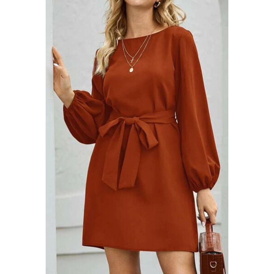 Tied Boat Neck Balloon Sleeve Mini Dress Brick Red / XS Apparel and Accessories