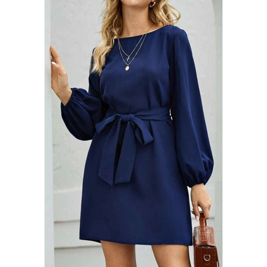 Tied Boat Neck Balloon Sleeve Mini Dress Navy / XS Apparel and Accessories