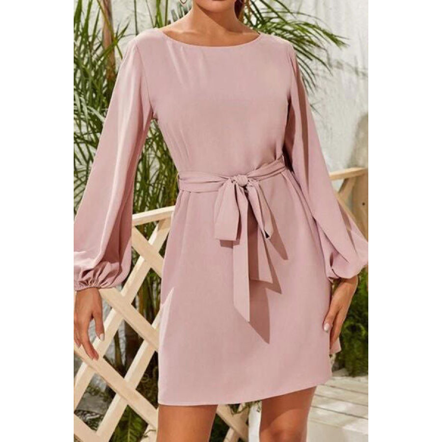 Tied Boat Neck Balloon Sleeve Mini Dress Pale Blush / XS Apparel and Accessories