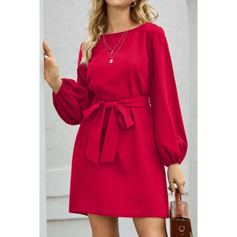 Tied Boat Neck Balloon Sleeve Mini Dress Red / XS Apparel and Accessories