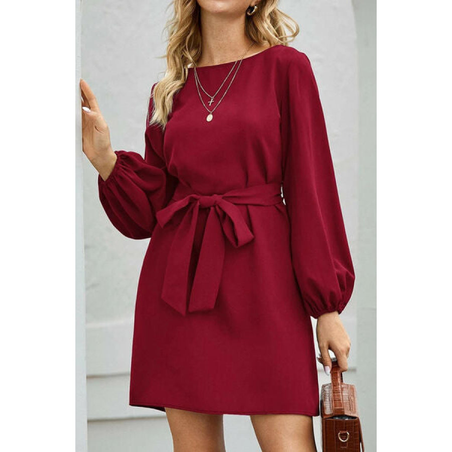 Tied Boat Neck Balloon Sleeve Mini Dress Wine / XS Apparel and Accessories