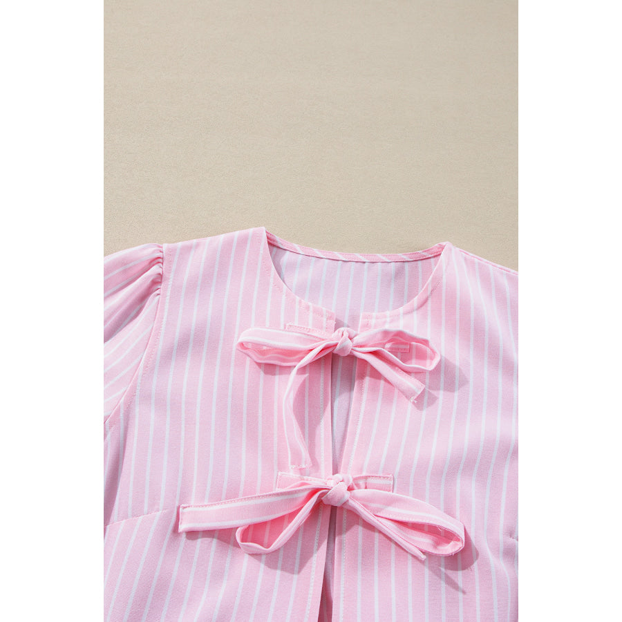 Tied Bow Striped Round Neck Blouse Apparel and Accessories