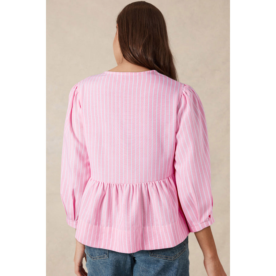 Tied Bow Striped Round Neck Blouse Apparel and Accessories