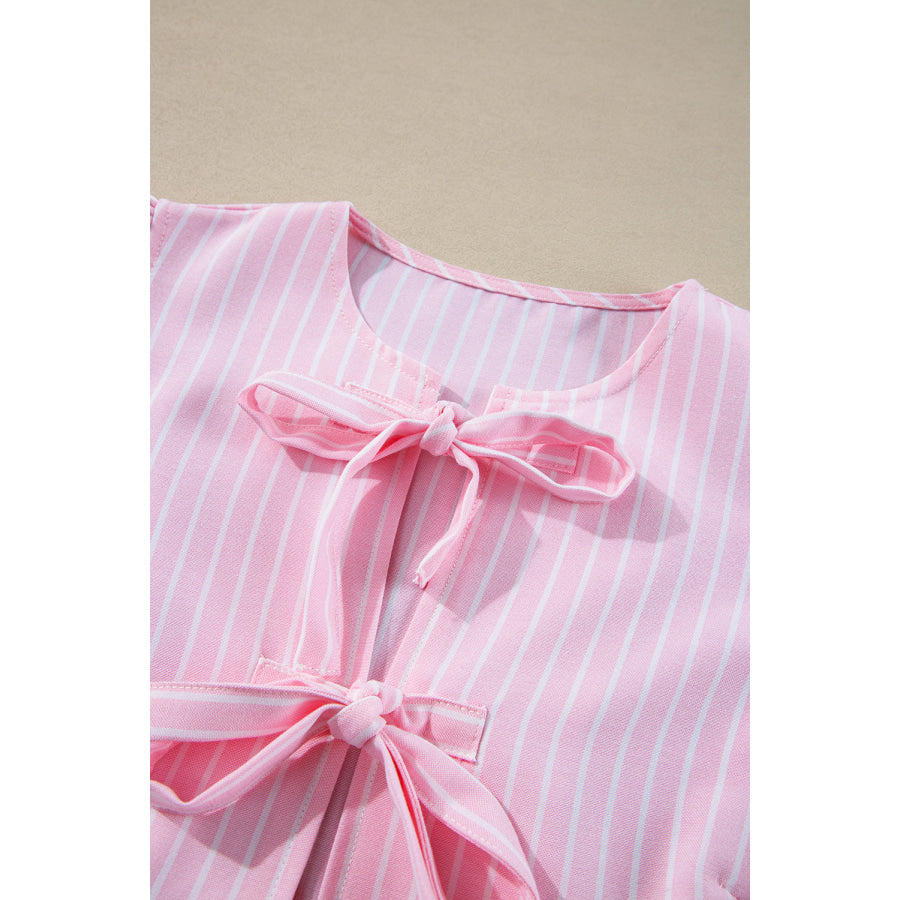 Tied Bow Striped Round Neck Blouse Apparel and Accessories