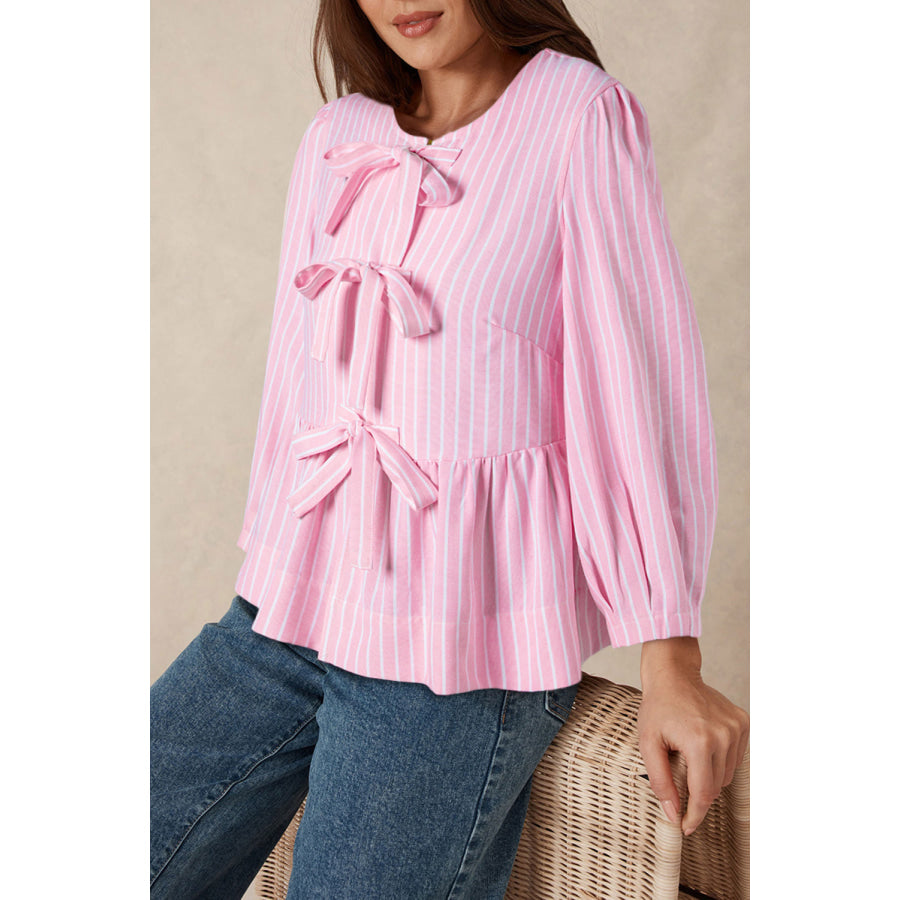 Tied Bow Striped Round Neck Blouse Apparel and Accessories