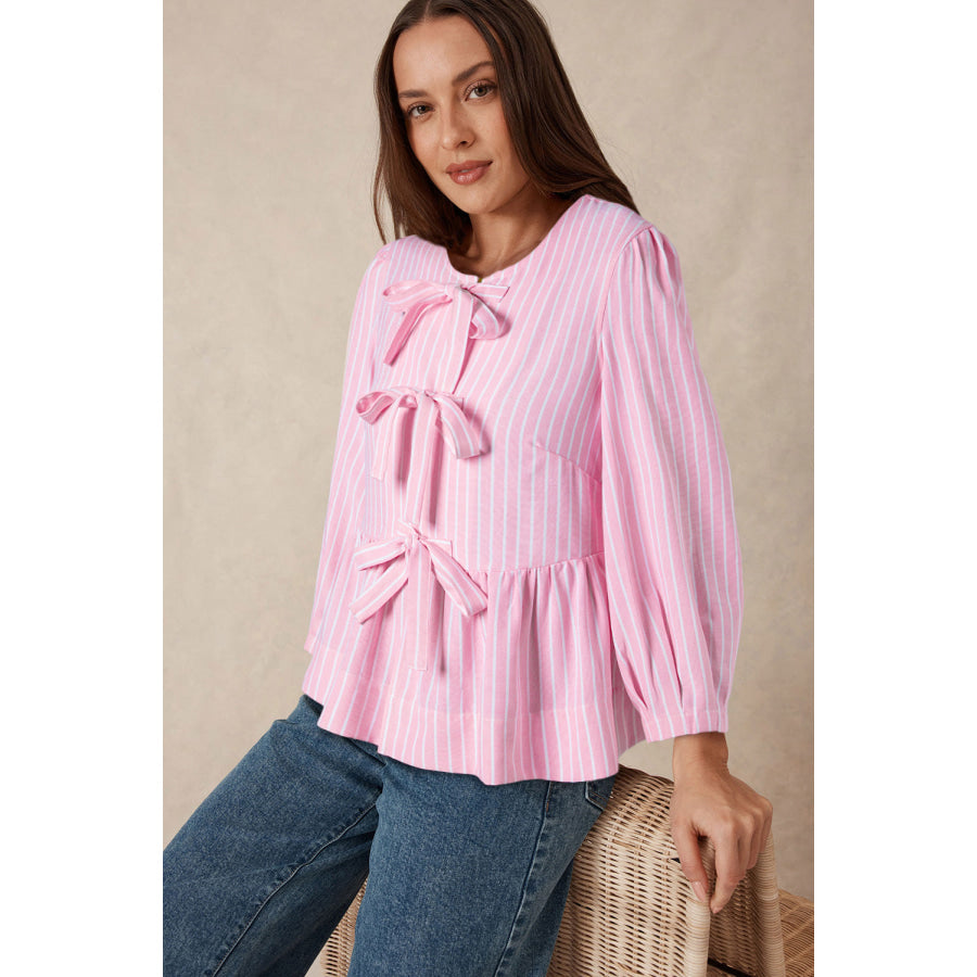 Tied Bow Striped Round Neck Blouse Apparel and Accessories