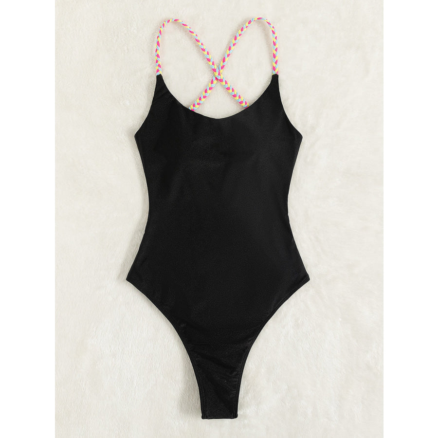 Tied Braided Strap Scoop Neck One - Piece Swimwear Black / S Apparel and Accessories