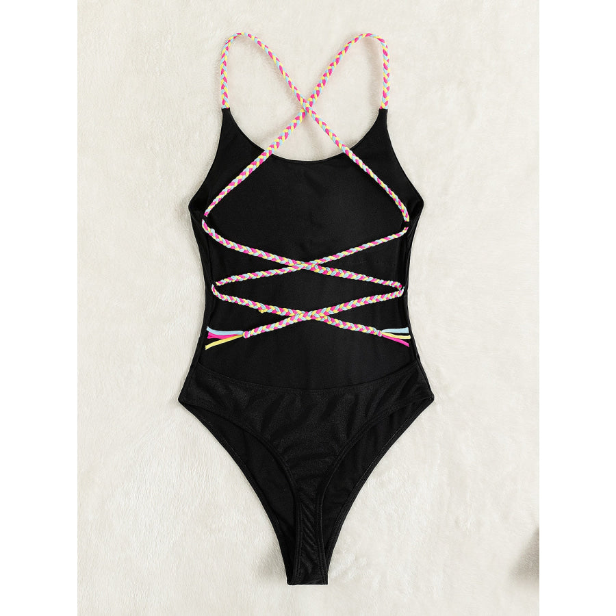 Tied Braided Strap Scoop Neck One - Piece Swimwear Apparel and Accessories
