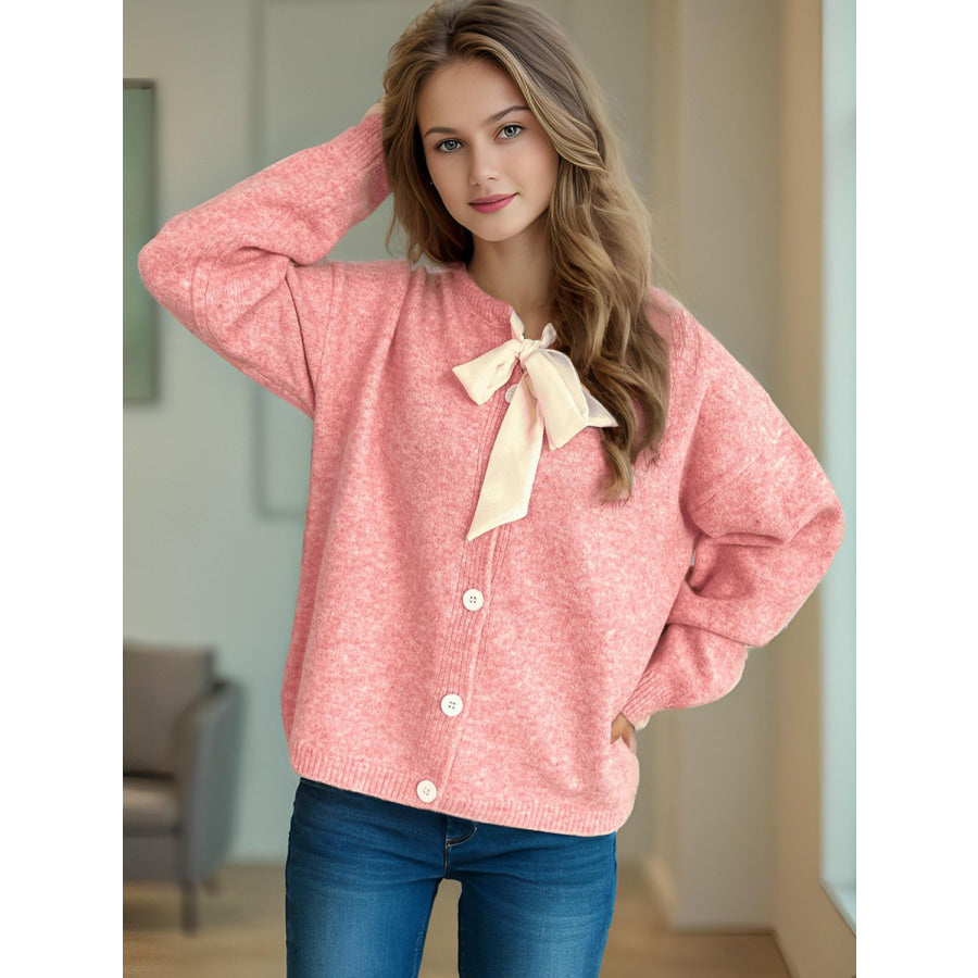 Tied Button Down Long Sleeve Cardigan Apparel and Accessories