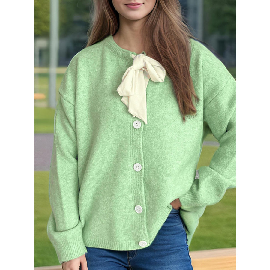 Tied Button Down Long Sleeve Cardigan Neon Green / One Size Apparel and Accessories