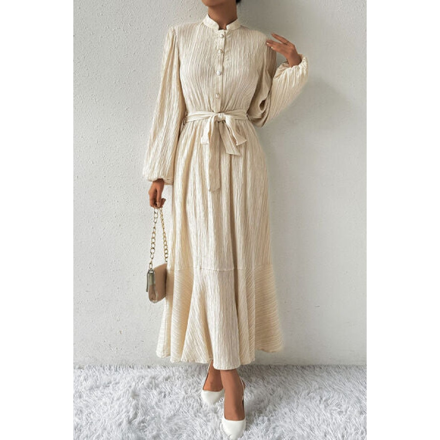 Tied Button Up Balloon Sleeve Dress Apparel and Accessories