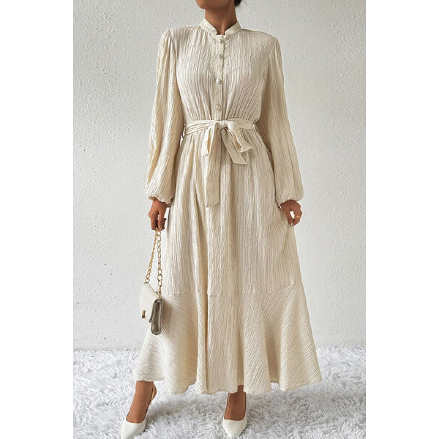 Tied Button Up Balloon Sleeve Dress Beige / S Apparel and Accessories