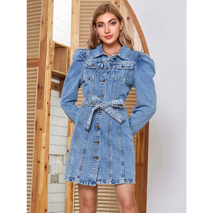 Tied Button Up Collared Neck Denim Dress Apparel and Accessories