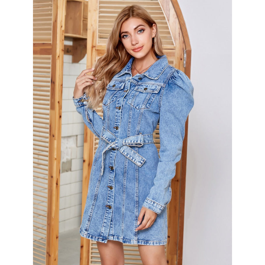 Tied Button Up Collared Neck Denim Dress Apparel and Accessories