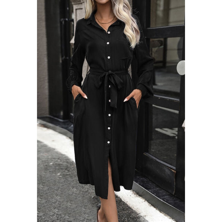 Tied Button Up Collared Neck Dress Black / S Clothing