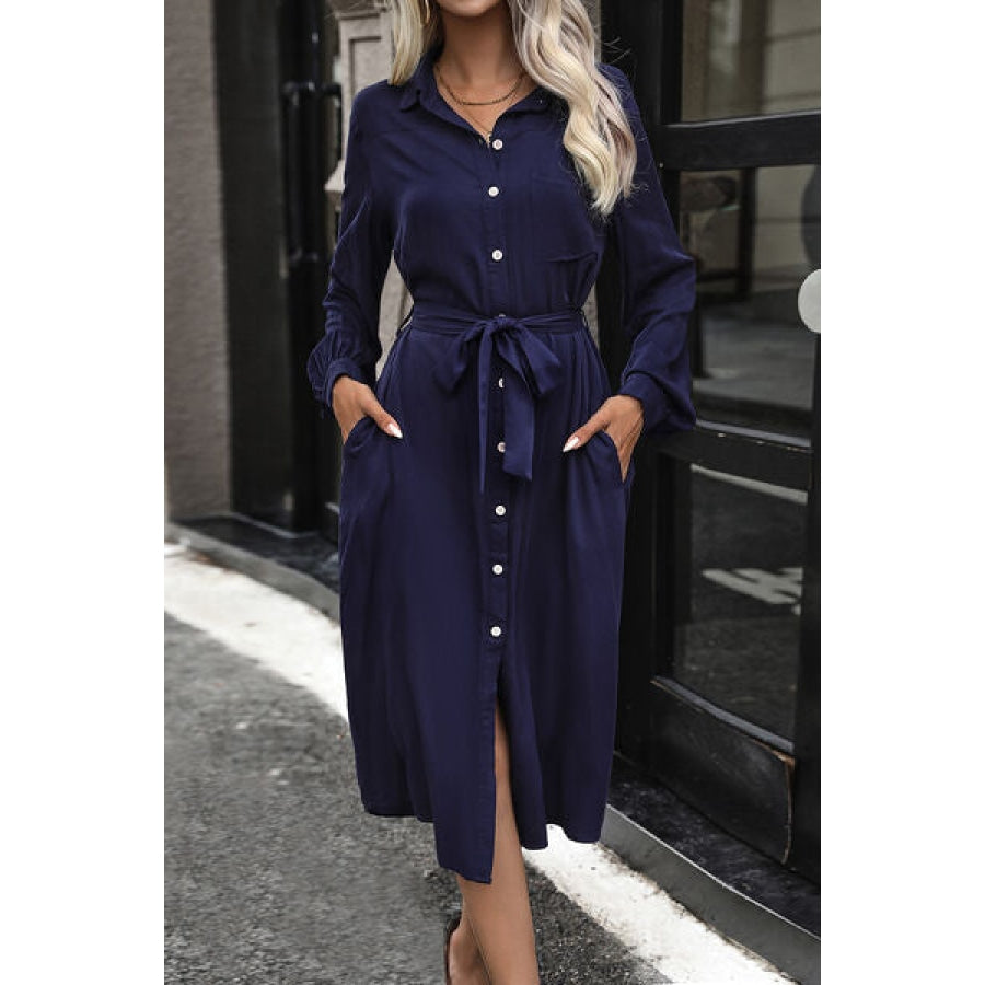 Tied Button Up Collared Neck Dress Navy / S Clothing