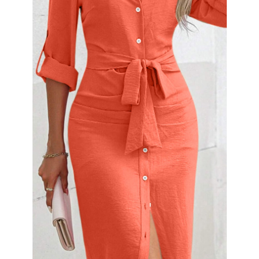 Tied Button Up Collared Neck Roll-Tab Sleeve Dress Apparel and Accessories